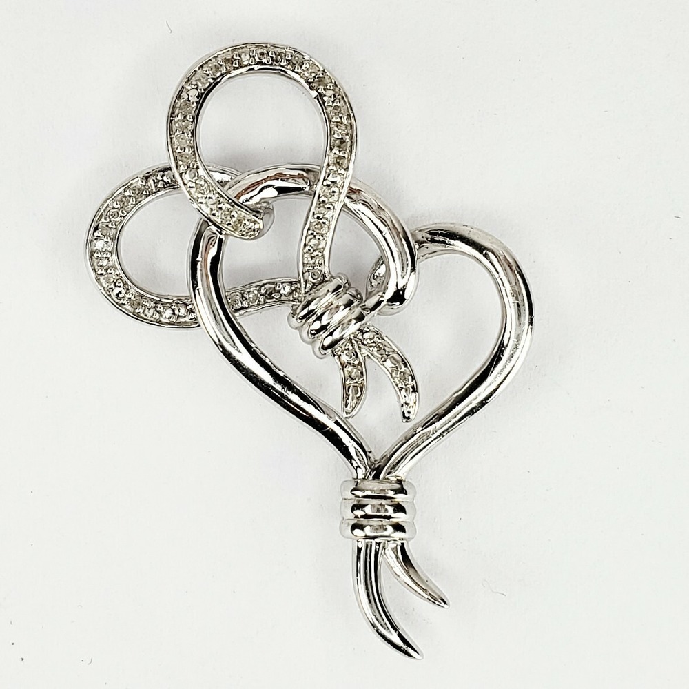 Vintage 925 Sterling Silver Elegant Signed SUN Melee Diamond Knot Hearts Pendant